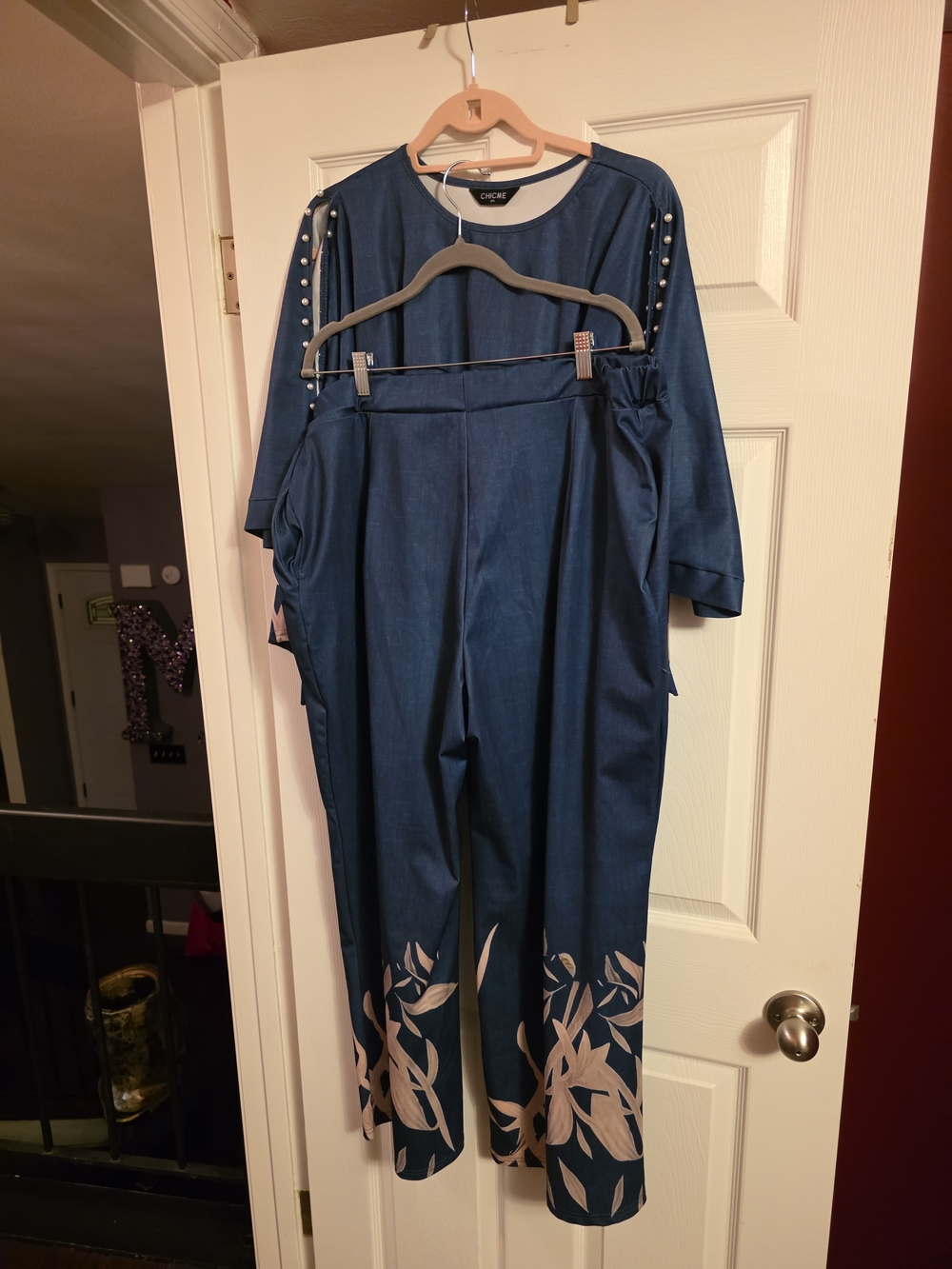 Chicory Blue Floral-Trim Pantsuit - Women's Two-Piece Set